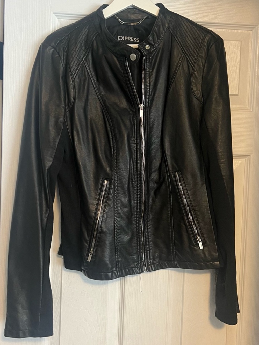 Express Black Leather Zip-Front Jacket with Quilted Shoulders